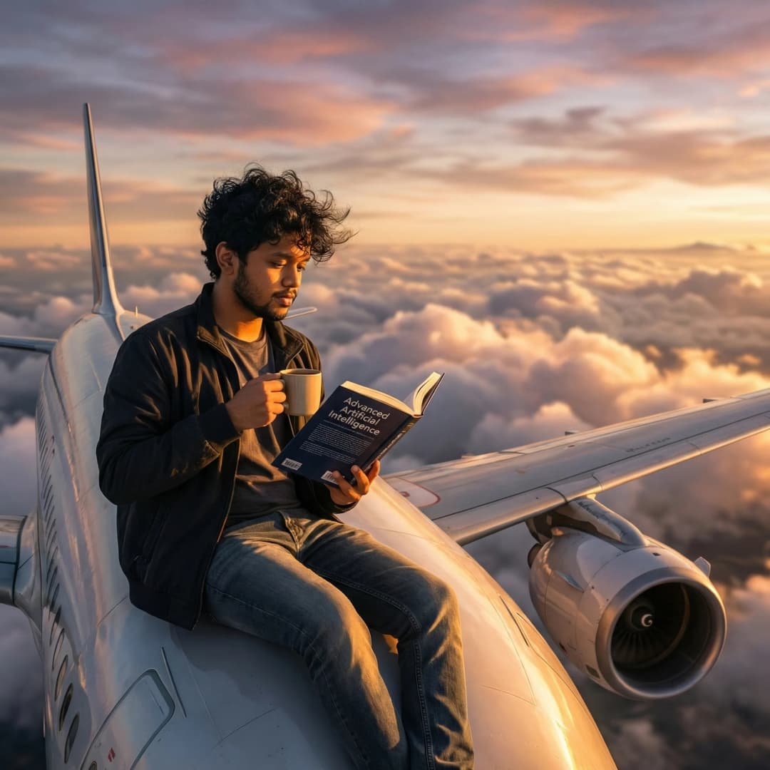 Lucky Kannan reading on an aeroplane above the clouds